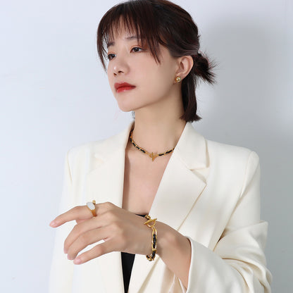 Hip hop design neck chain titanium steel plated 18k real gold leather rope necklace